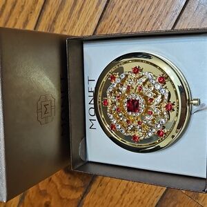 Monet Compact Double Mirror Gold Tone Red Crystal Snowflake